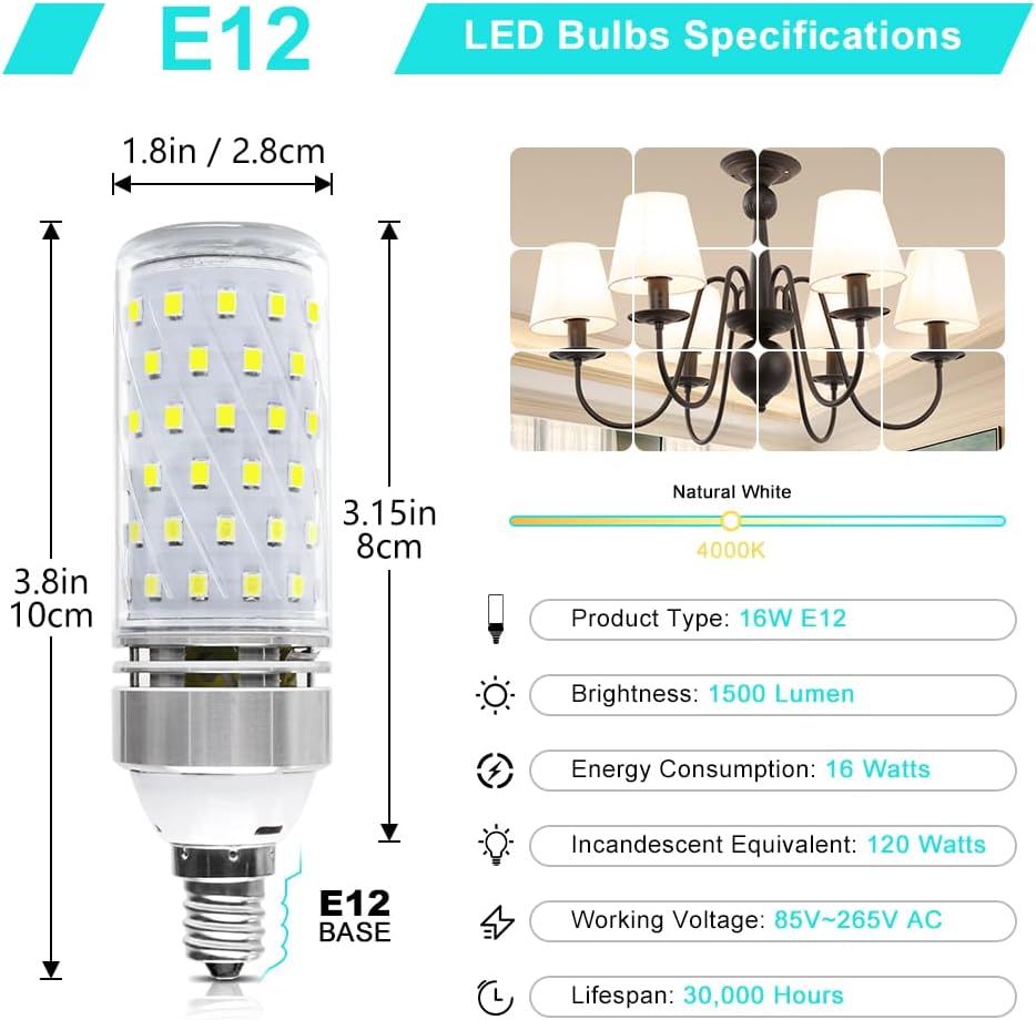 Bombilla LED E12 superbrillante, bombillas LED de 16 W y 1500 lm, color blanco natural de 4000 K, CRI80+, equivalente a bombilla incandescente de
