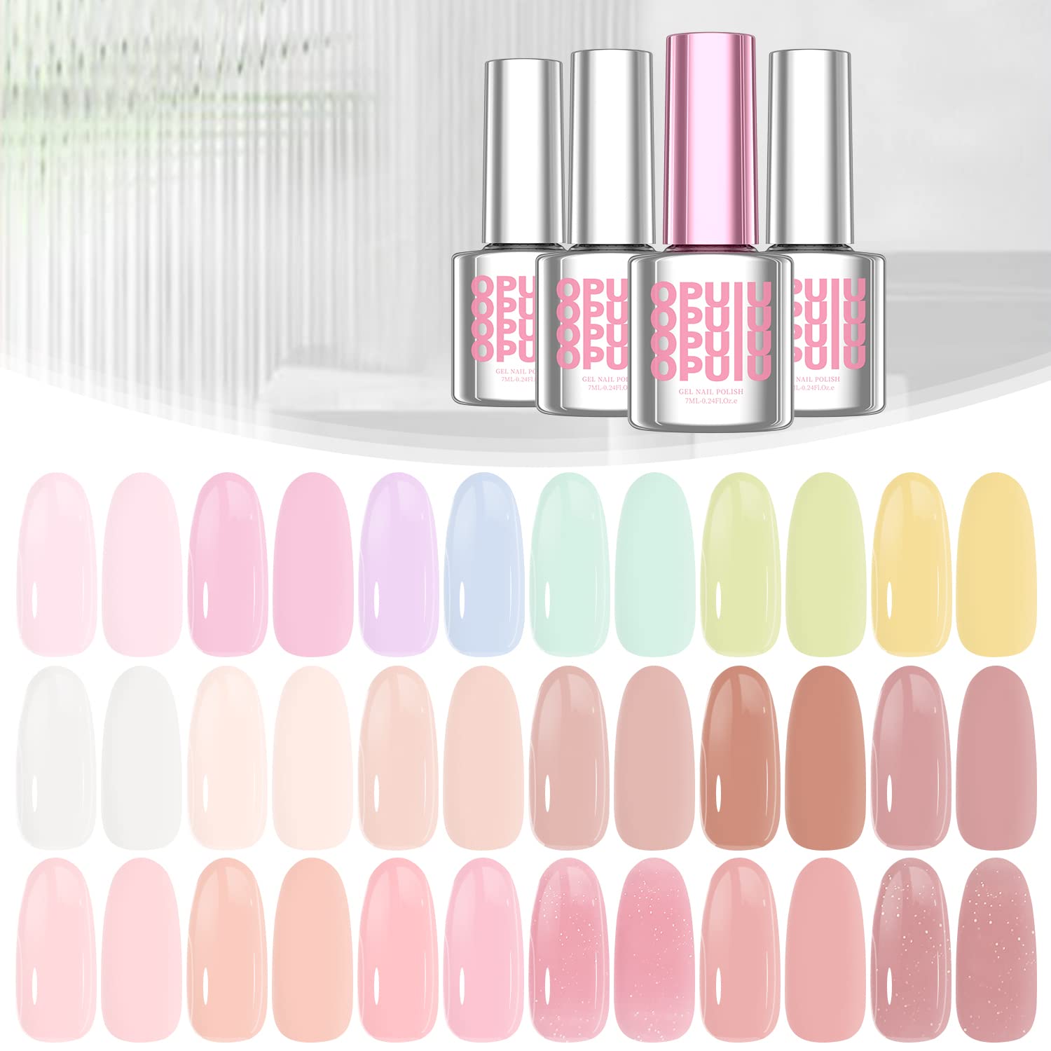 OPUIU Juego de 24 esmaltes de uñas de gel de gelatina pastel nude rosa translúcido con base superior mate, capa superior mate, regalo para mujeres y