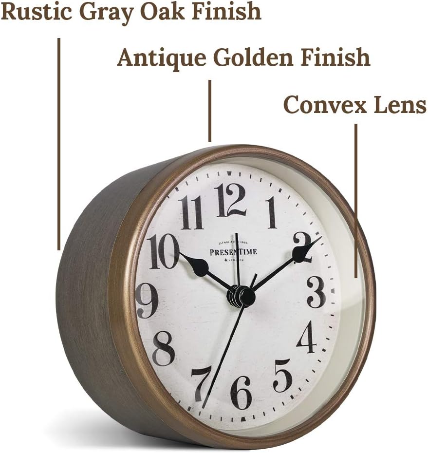 PresenTime & Co – Reloj despertador de mesa vintage de 4 pulgadas, reloj de escritorio y estante, silencioso sin ticks, roble gris rústico y acabado