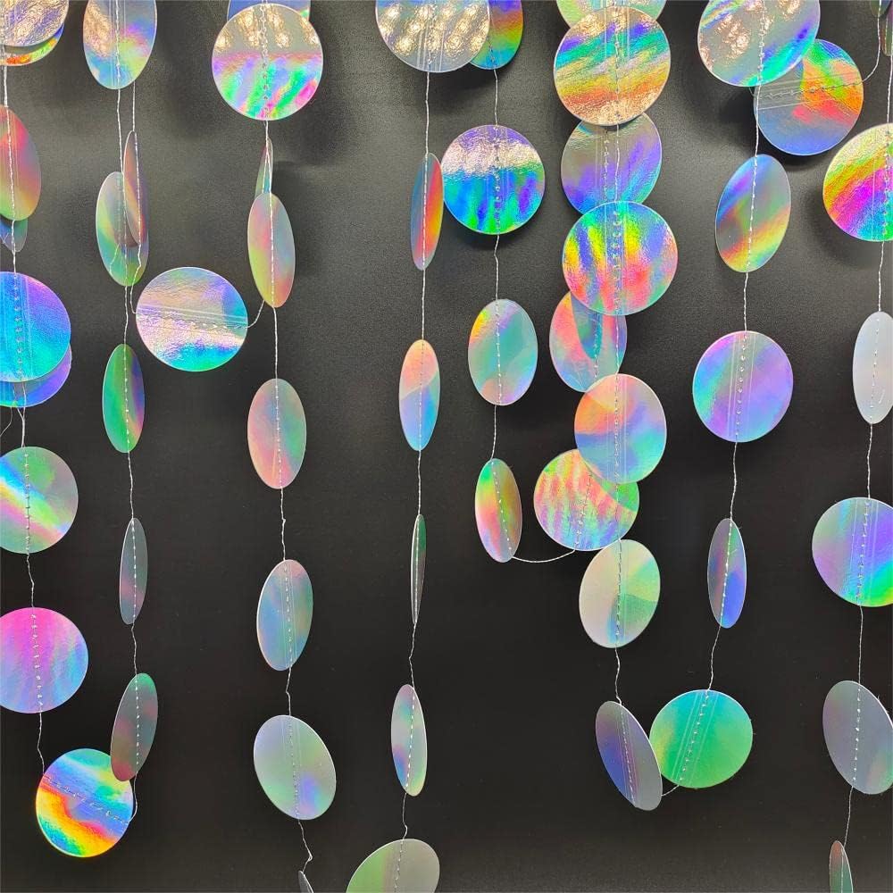 JEYE Guirnalda de papel iridiscente con purpurina plateada con puntos circulares y serpentinas para decoración de fiestas, telón de fondo para