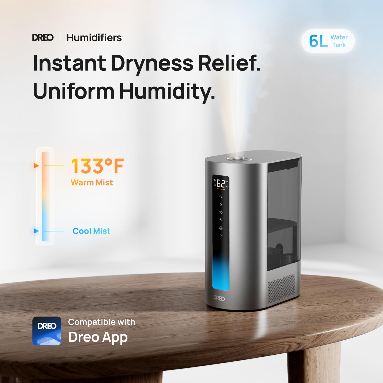 Dreo Humidificador inteligente de 6L, humidificador de niebla cálida y fría para dormitorio, llenado superior, tiempo de funcionamiento de 60 horas,