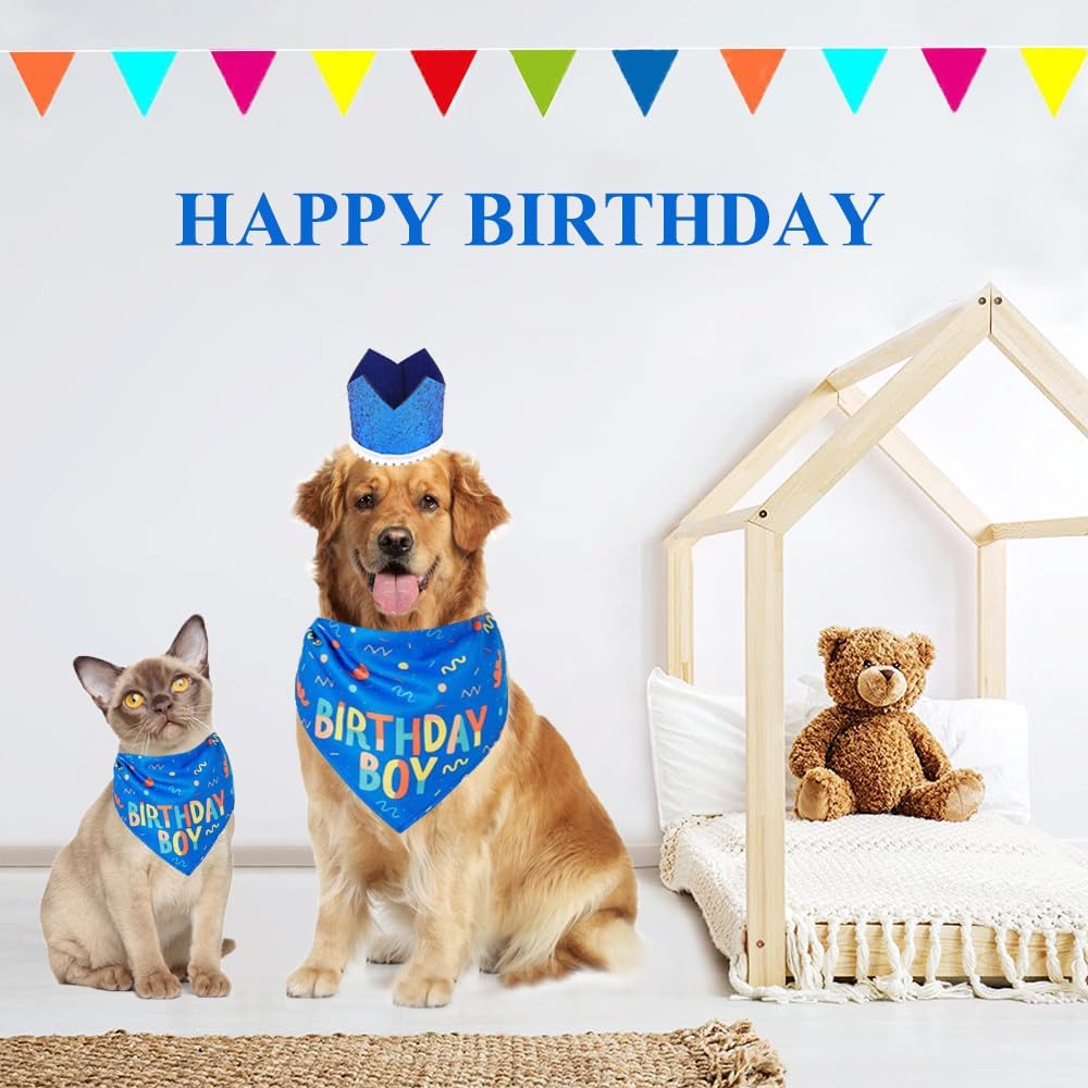 BSISUERM Conjunto de bandana de cumpleaños para mascotas, accesorios de cumpleaños para perros con sombrero de corona de cumpleaños para mascotas,