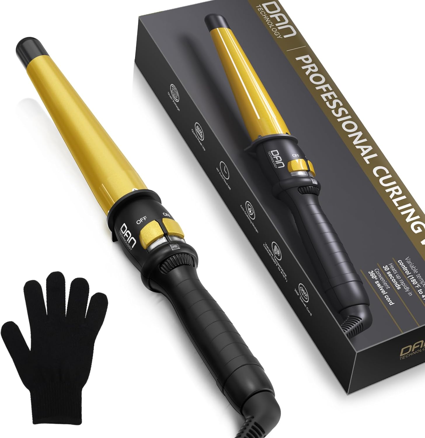 DAN Technology Rizador de pelo cónico de 34-1 14 pulgadas, rizador de pelo de cerámica turmalina, rizador de pelo de doble voltaje, herramienta de