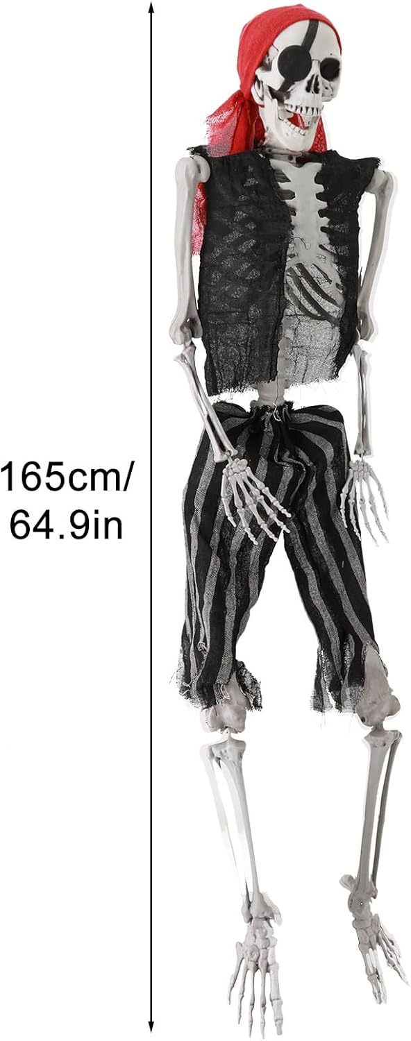 Esqueleto de tamaño real de Halloween, 65.0 in de estilo pirata, accesorios de esqueleto de imitación de 5.4 pies, modelo de esqueleto humano