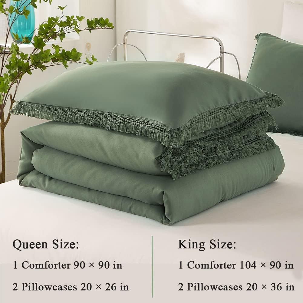 Juego de edredón verde bohemio tamaño King con borlas, juego de ropa de cama estético de 3 piezas de microfibra estilo desgastado y elegante, juego