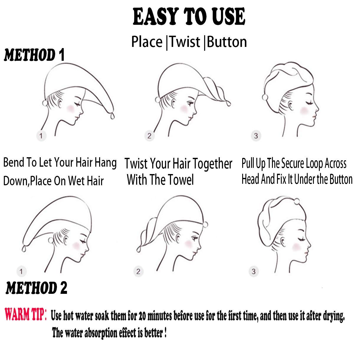 ELLEWIN Toalla de microfibra para el cabello para niños y niñas, paquete de 2 unidades de secado de turbante para mujeres, juego de toalla