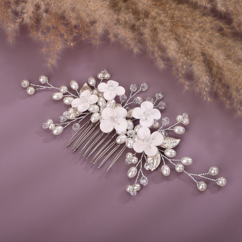 Peine de pelo de boda de flores, hojas de novia, perlas, peine lateral dorado y plateado con perlas de cristal, accesorios para el cabello para