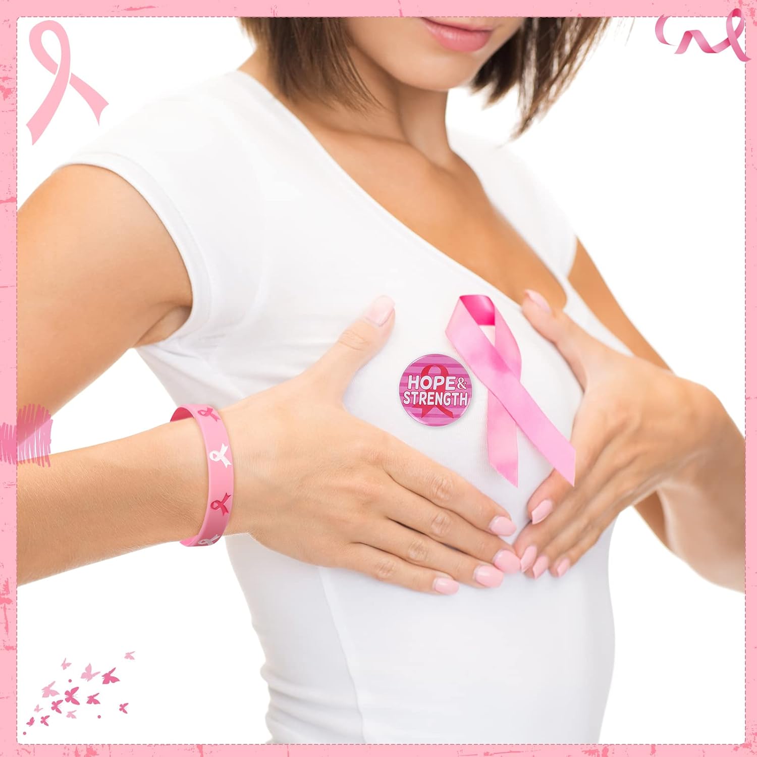 60 accesorios de concientización sobre el cáncer de mama, incluyen 30 pulseras de silicona de cinta rosa y negra, pulsera de goma y 30 insignias de