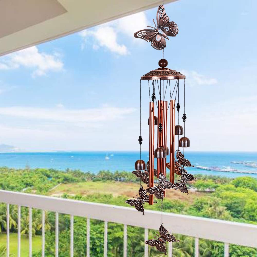 Campanillas de viento de mariposa para decoración al aire libre, con 4 tubos, 6 campanas, 7 mariposas de 36 pulgadas, impermeables, móviles,