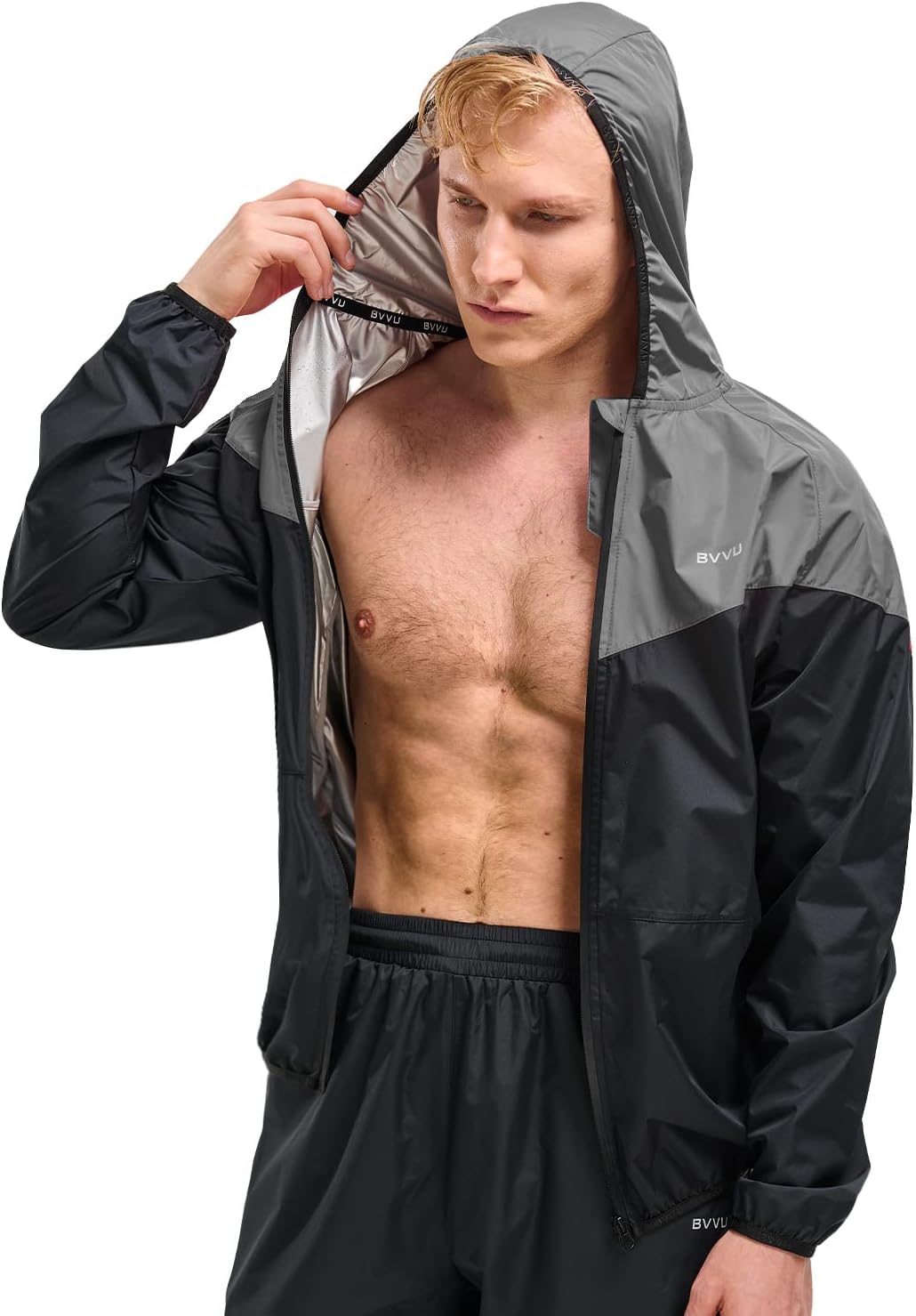 BVVU Traje de sauna para hombre, con cremallera, con capucha, chaqueta de sauna, pantalones, gimnasio, entrenamiento, cuerpo completo