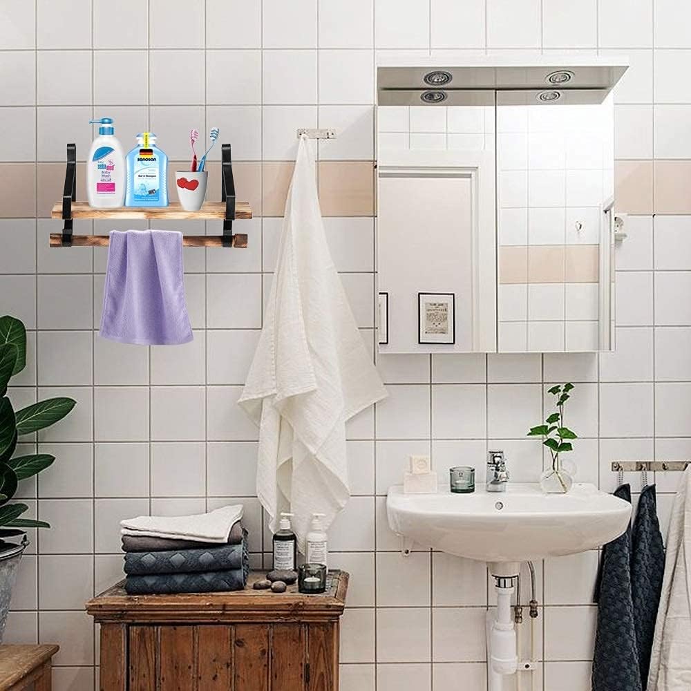 Estantes de pared de madera con toallero, estante de especias de cocina de madera rústica con barra de toalla y 8 ganchos extraíbles para baño,
