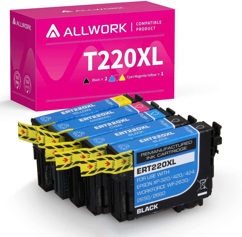 ALLWORK Cartucho de tinta remanufacturado de repuesto para Epson 220 220XL T220XL Uso con Workforce WF-2760 WF-2750 WF-2630 WF-2650 WF-2660 XP-320
