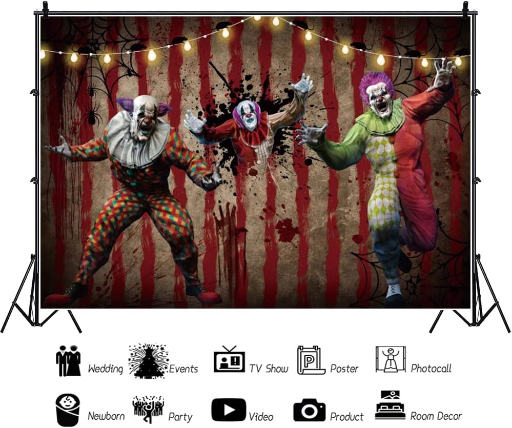 OERJU Telón de fondo de payaso de Halloween de 10 x 7 pies, diseño de terror de circo, carnaval, huella de mano sangrienta, telaraña, fotografía,