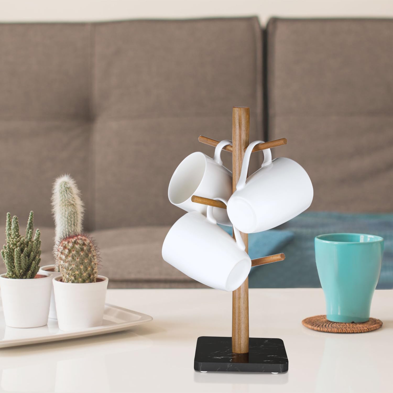 Buruis Soporte para tazas de madera, base de mármol, soporte para tazas, soporte para tazas, taza de café de cocina, soporte para encimera, soporte
