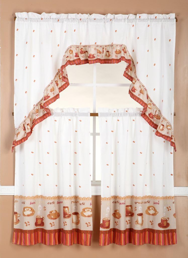Diamond Home Linens Juego de 3 niveles de cortina de cocina impresos y cenefa de 36 pulgadas de largo (marróncafé)