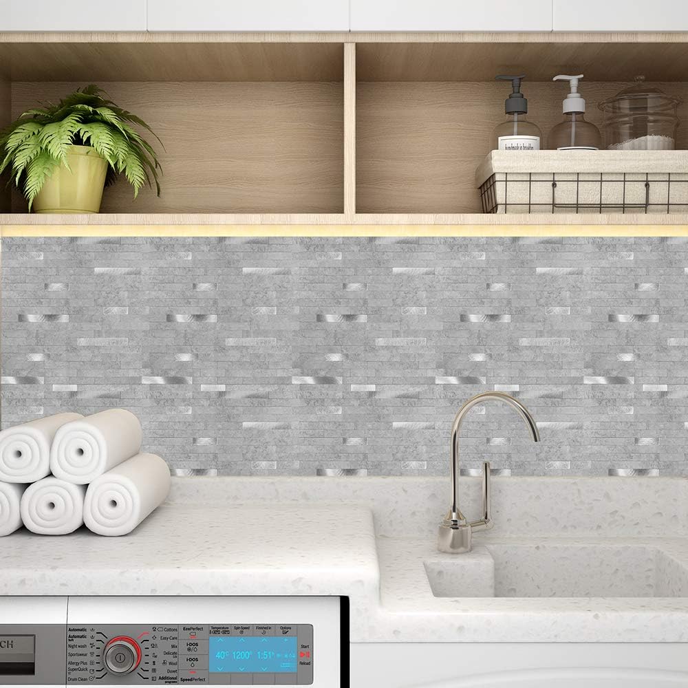 Tic Tac Tiles Autoadhesivo extraíble para la loseta del muro de la cocina o el baño, azulejos metálicos (gris plateado, 6)