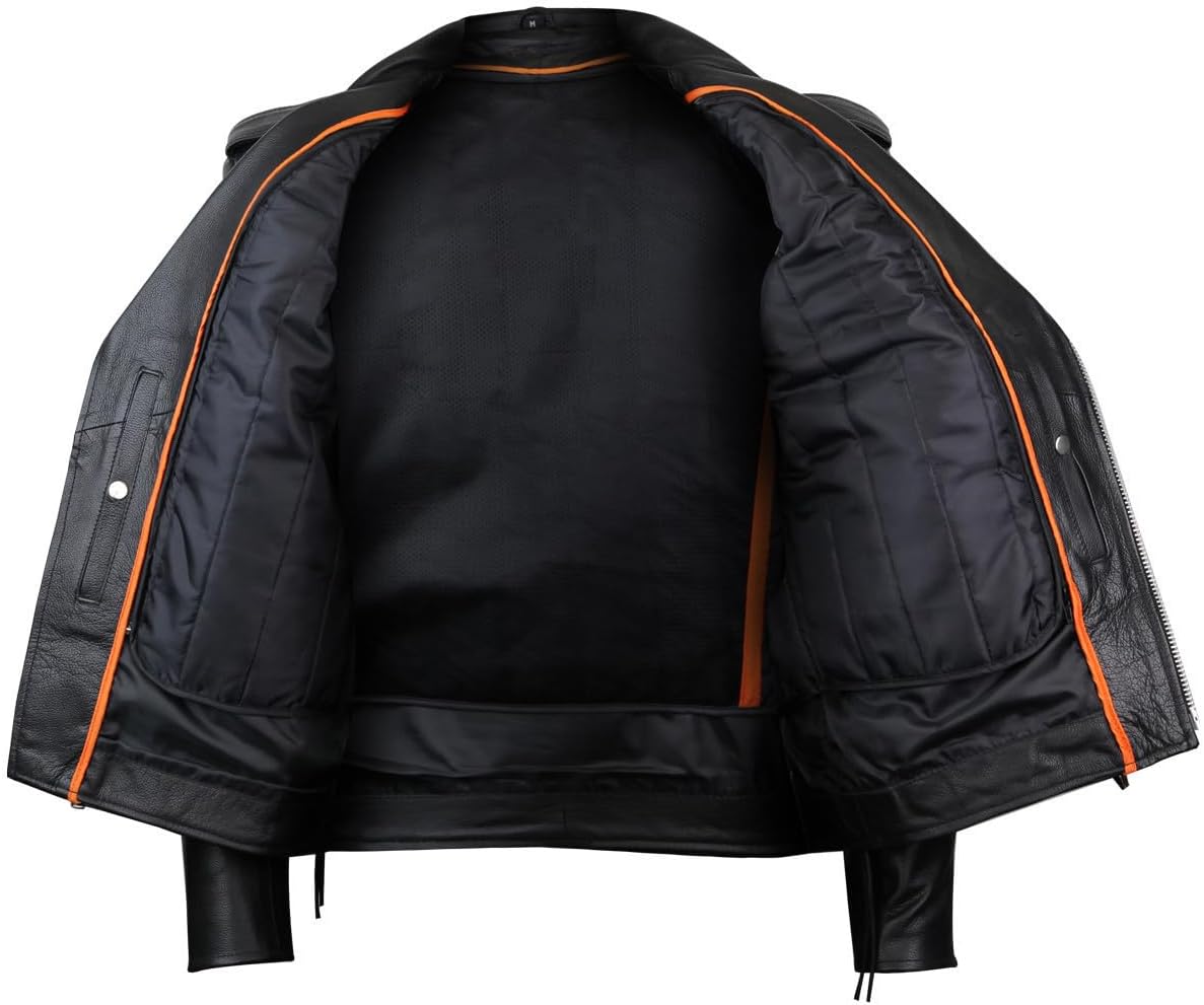 Vance Leather Chaqueta de cuero de vaca para hombre, forro aislante, con cordones laterales, clásico MC, motociclista, chaqueta de cuero negro
