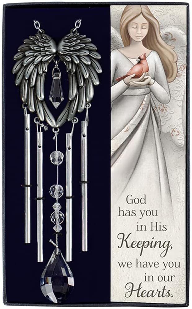 Carillón de viento conmemorativo con alas de ángel en caja de regalo, regalo de condolencias para funeral por la pérdida de un ser querido,