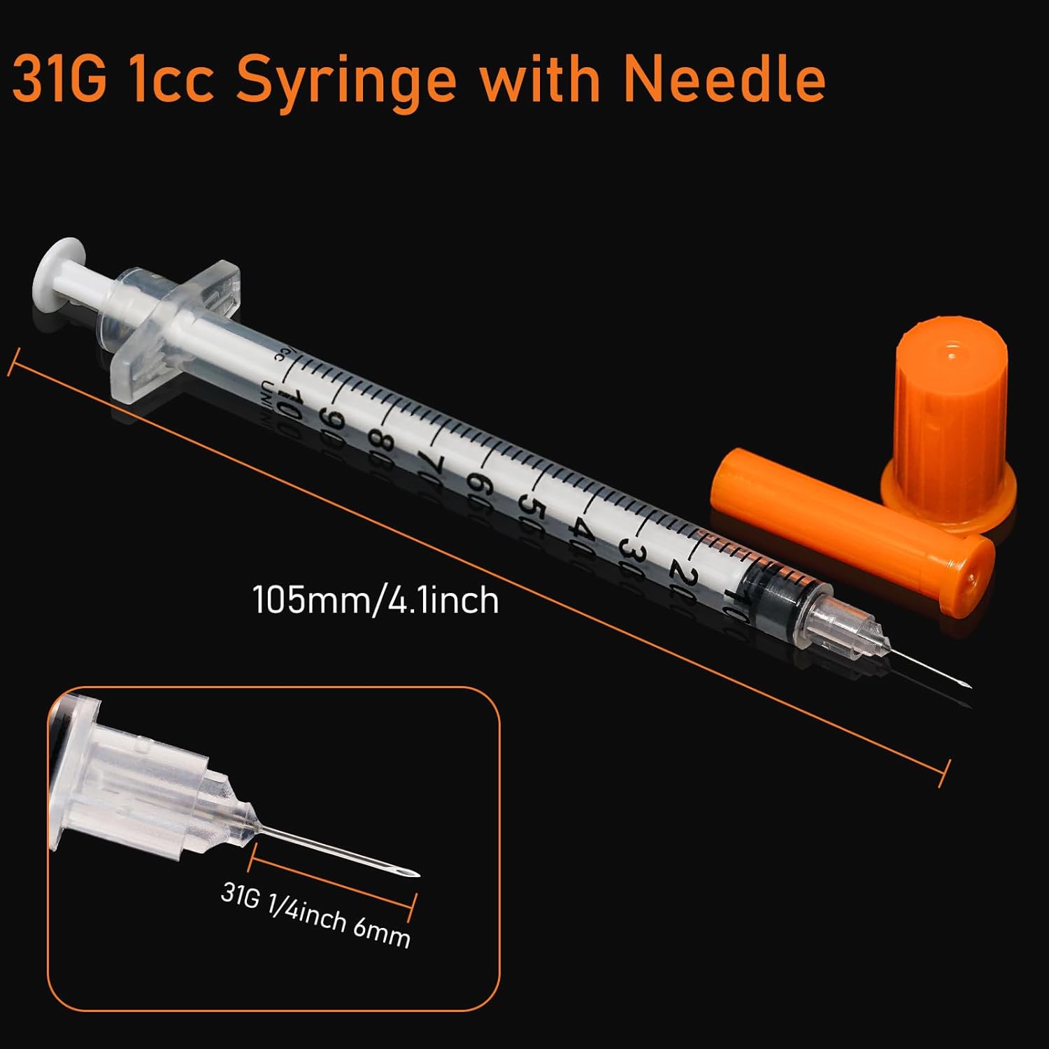 U-100 – Jeringa de 0.0 fl oz con aguja, jeringas 31G 14 pulgadas 0.236 in 1cc, paquete individual desechable, paquete de 100