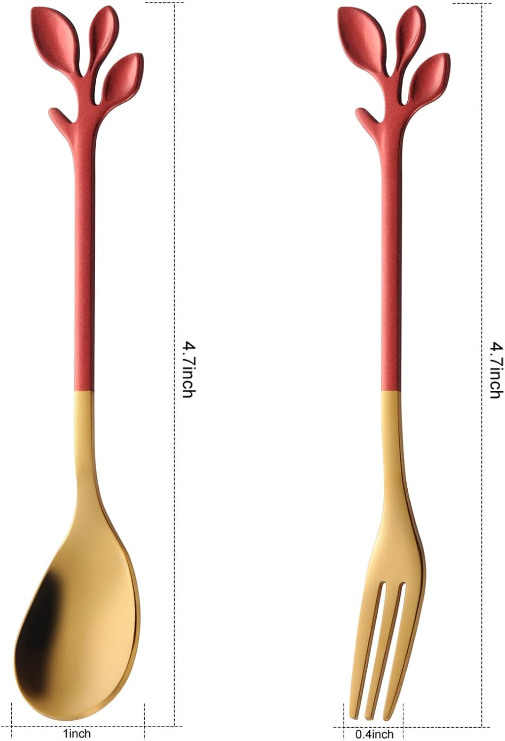 AnSaw 5 cucharas de café pequeñas y 5 tenedores para postres, acero inoxidable de 4.7 pulgadas con mango de hojas (rojo y dorado)