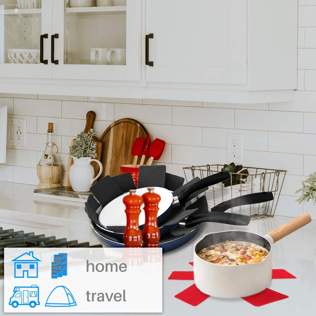 Kalevel 9 separadores de ollas y sartenes, protectores de utensilios de cocina, separadores para ollas y tazones para evitar arañazos o marcas (rojo)