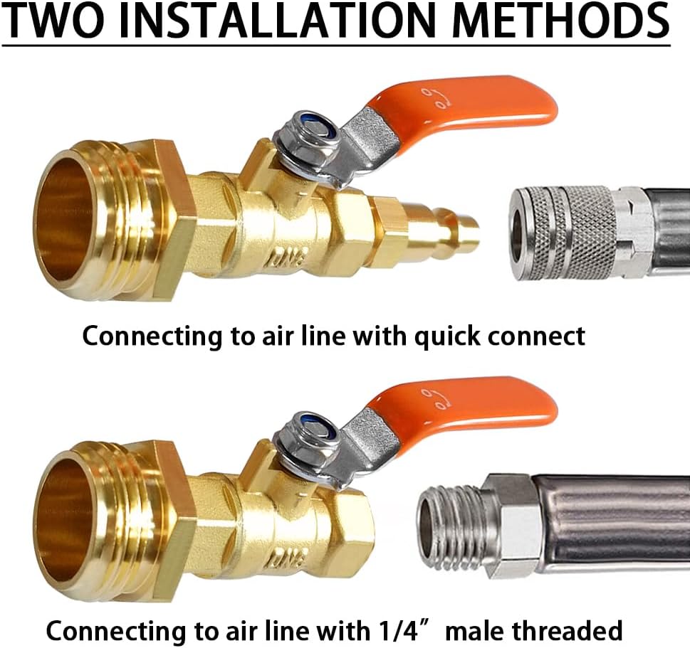 Adaptador de latón soplado RV Winterize con válvula de bola, enchufe de conexión rápida de aire de 14 pulgadas a macho de 34 pulgadas GHT y rosca