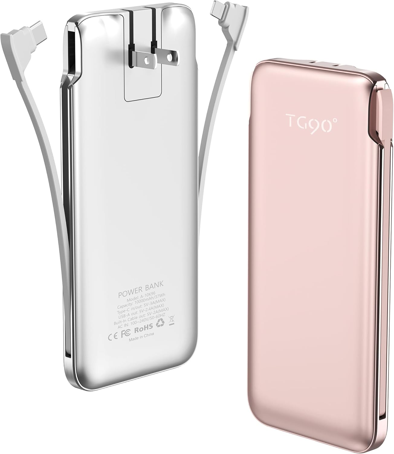 TG90 Paquete de 2 baterías externas con cables integrados y enchufe de pared, cargador portátil ultra delgado de 10000 mAh para teléfonos celulares