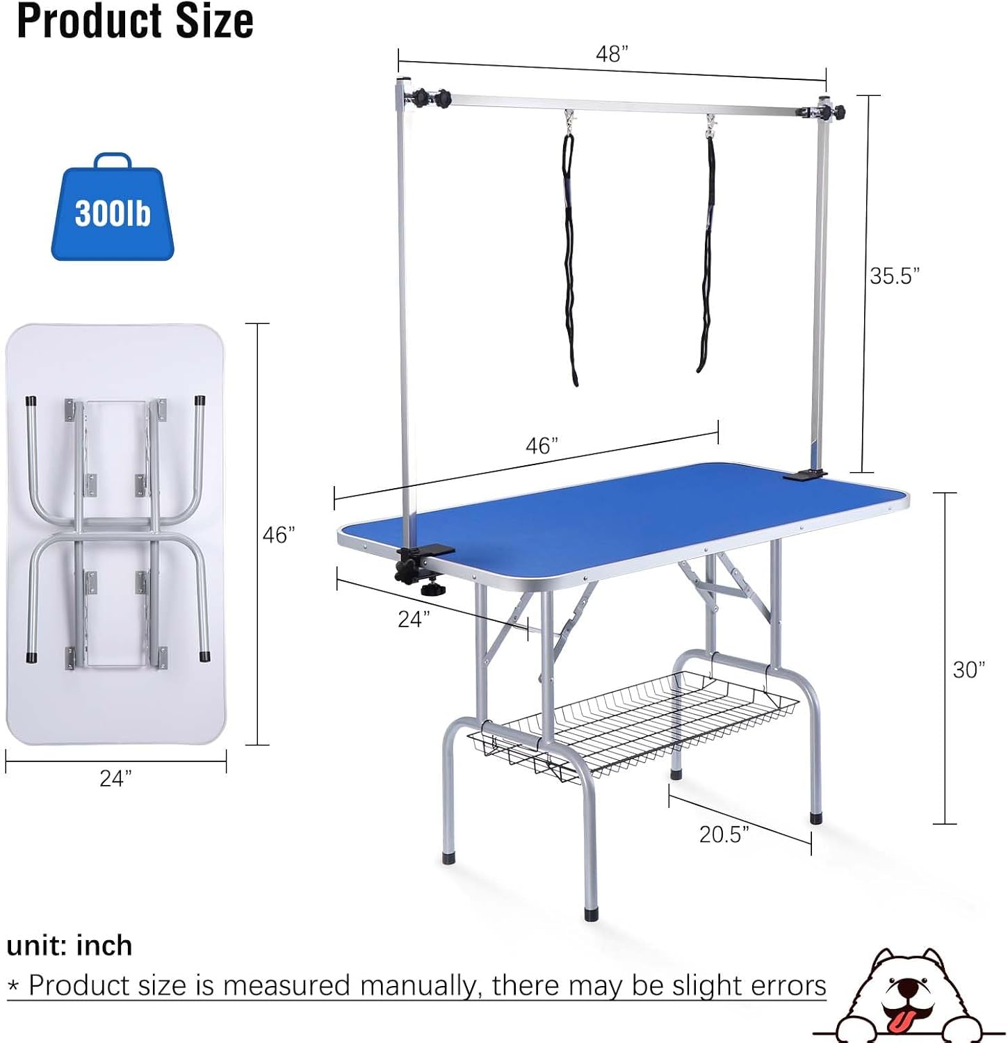 Mesa plegable de aseo para perros y mascotas, altura ajustable, mesa portátil de aseo para perros de 46 pulgadas con brazo y bandeja de malla,