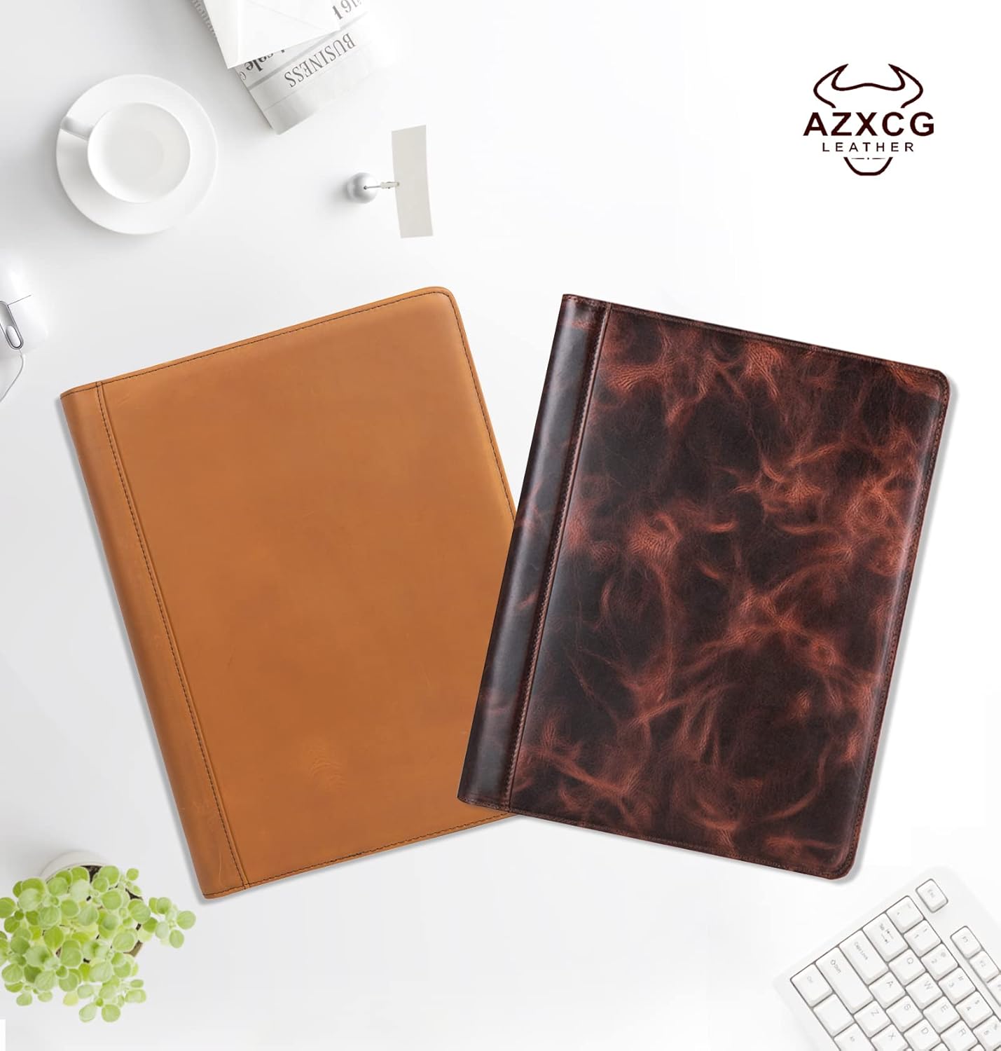 AZXCG Carpeta organizadora de tres anillos de cuero genuino con cremallera, soporte para bloc de notas de cuero vintage, libro de reanudación del