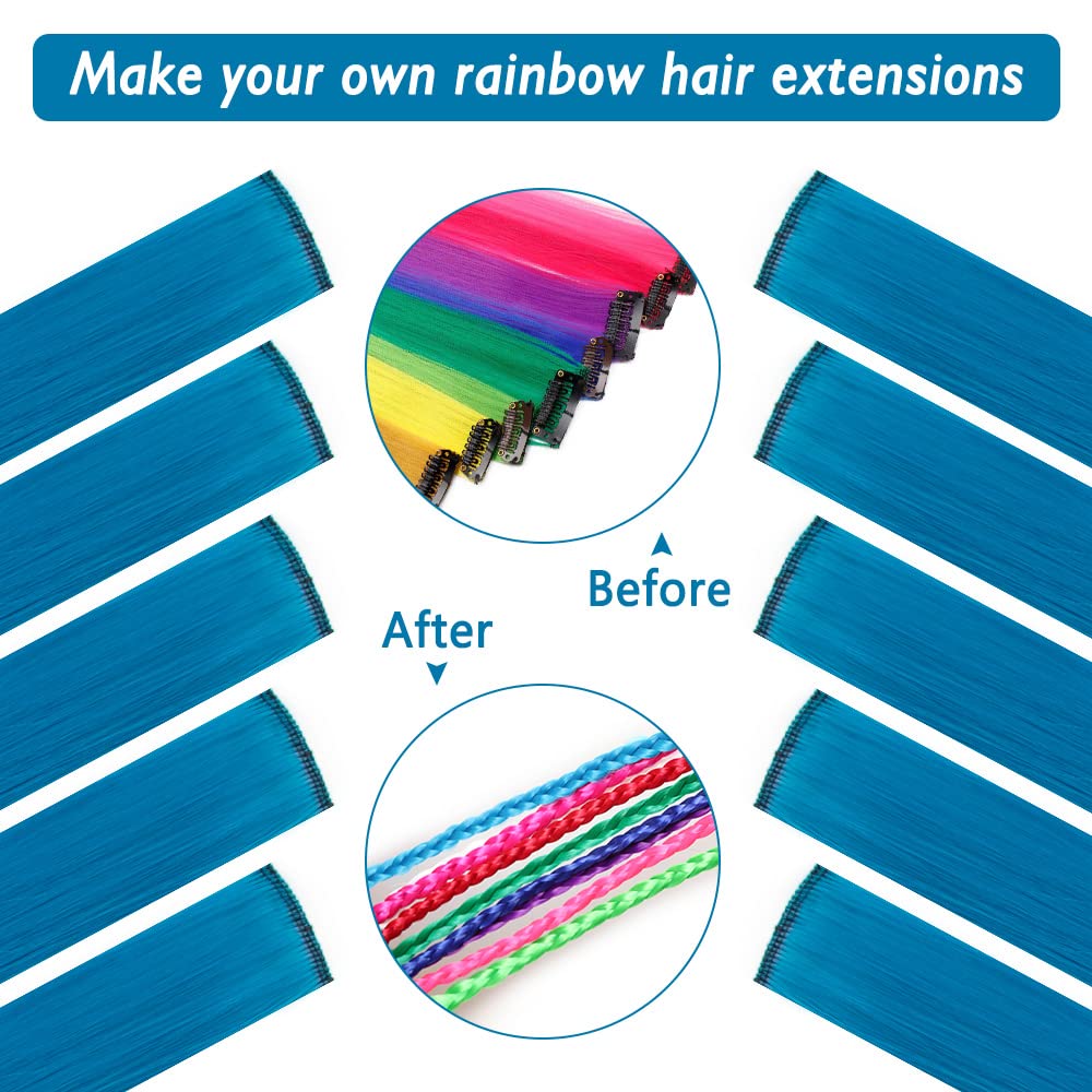 Extensiones de cabello sintético con clip de color de 20 pulgadas, 10 piezas de cabello lacio para fiesta, color azul marino