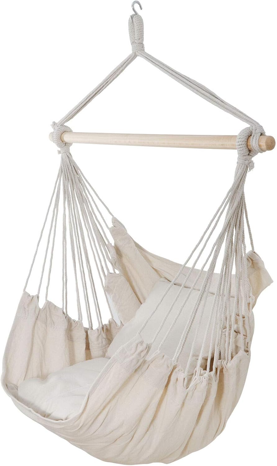 Silla hamaca beige columpio colgante de cuerda silla de red porche patio con 2 cojines
