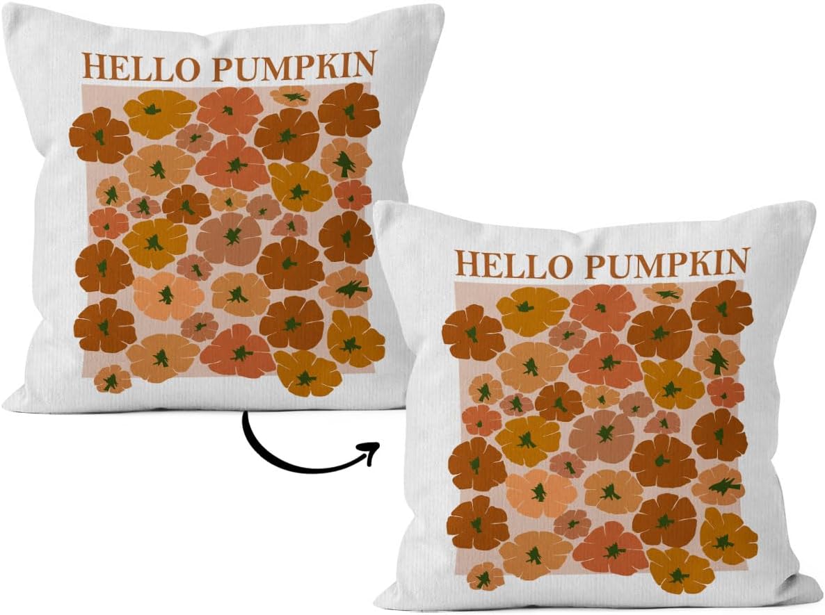 Fundas de almohada de otoño de 18 x 18 pulgadas, funda de almohada reversible de temporada de otoño con texto en inglés “Hello Pumpkin”, decoración