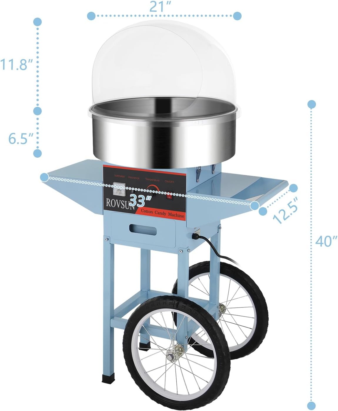 ROVSUN Carrito de máquina de algodón de azúcar de 21 pulgadas, máquina eléctrica de algodón para hacer hilo dental con tapa, cuenco de acero