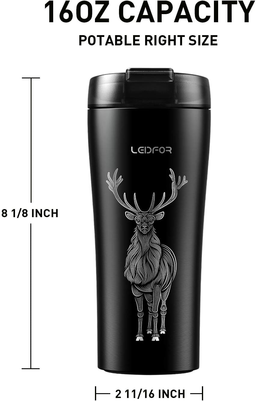 Taza de viaje de café con tapa antiderrames, vaso de acero inoxidable de doble pared aislado al vacío, taza térmica para bebidas, 16 onzas, alce