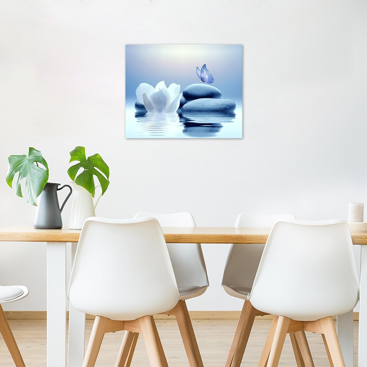 EOBTAIN Lienzo de flores blancas zen, arte de pared, diseño floral y mariposa azul sobre piedra, cuadro moderno enmarcado para yoga, spa, pintura
