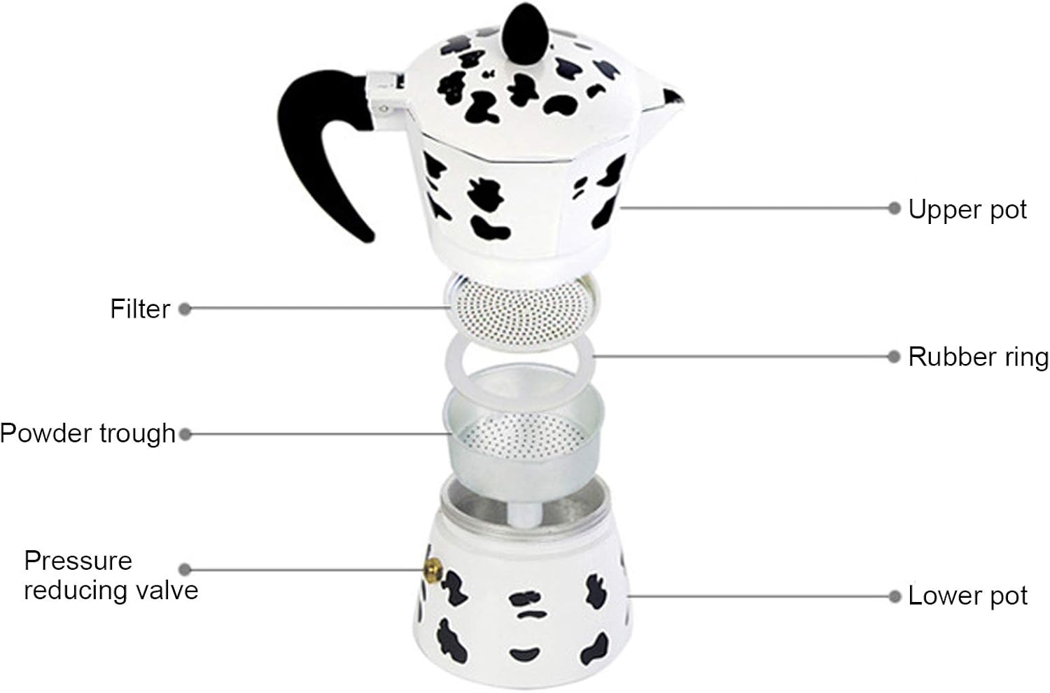 Cafetera para el hogar, hervidor concentrado a mano para verter moka color vaca con leche de aluminio color vaca para hervidor italiano hervir