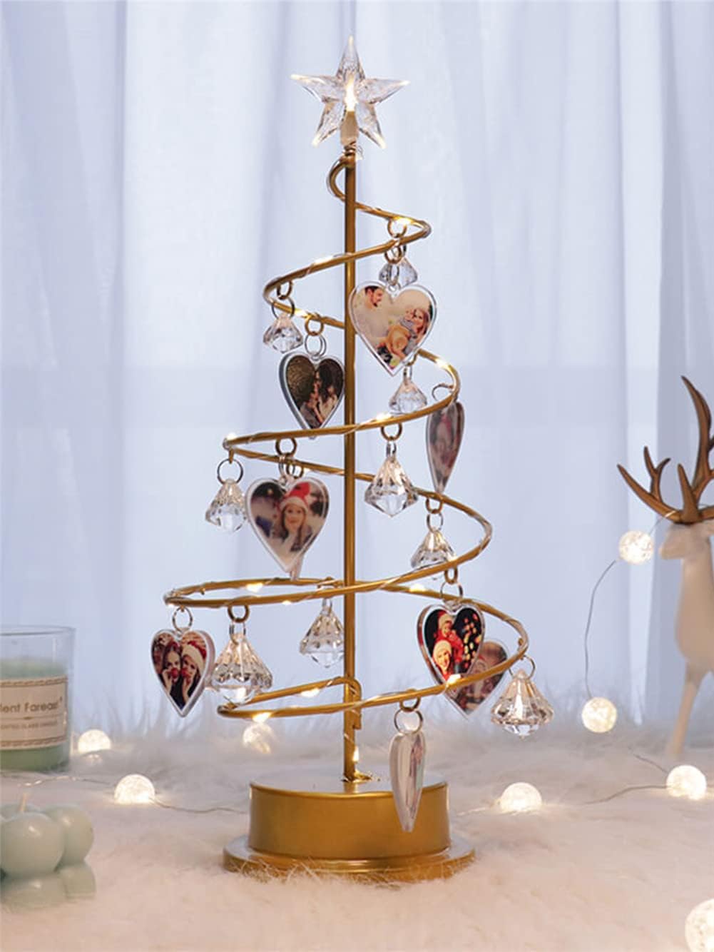 Foto personalizada con luces de árbol de cristal de Navidad, foto familiar personalizada, lámpara de Navidad de metal, decoración de regalos para