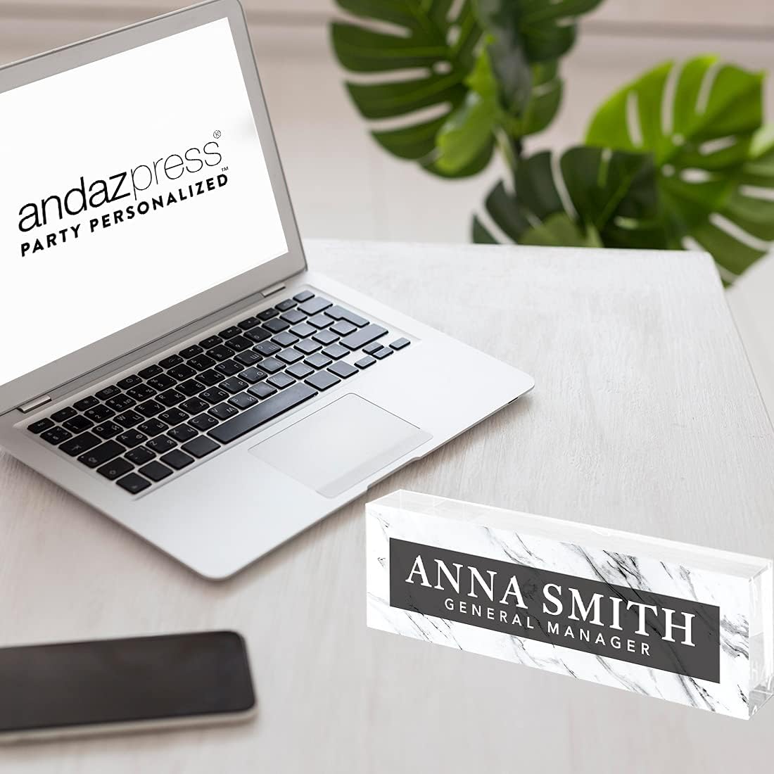 Andaz Press Placa de nombre para escritorio de oficina, diseño de mármol, placa de nombre personalizada de acrílico personalizada para el hogar,