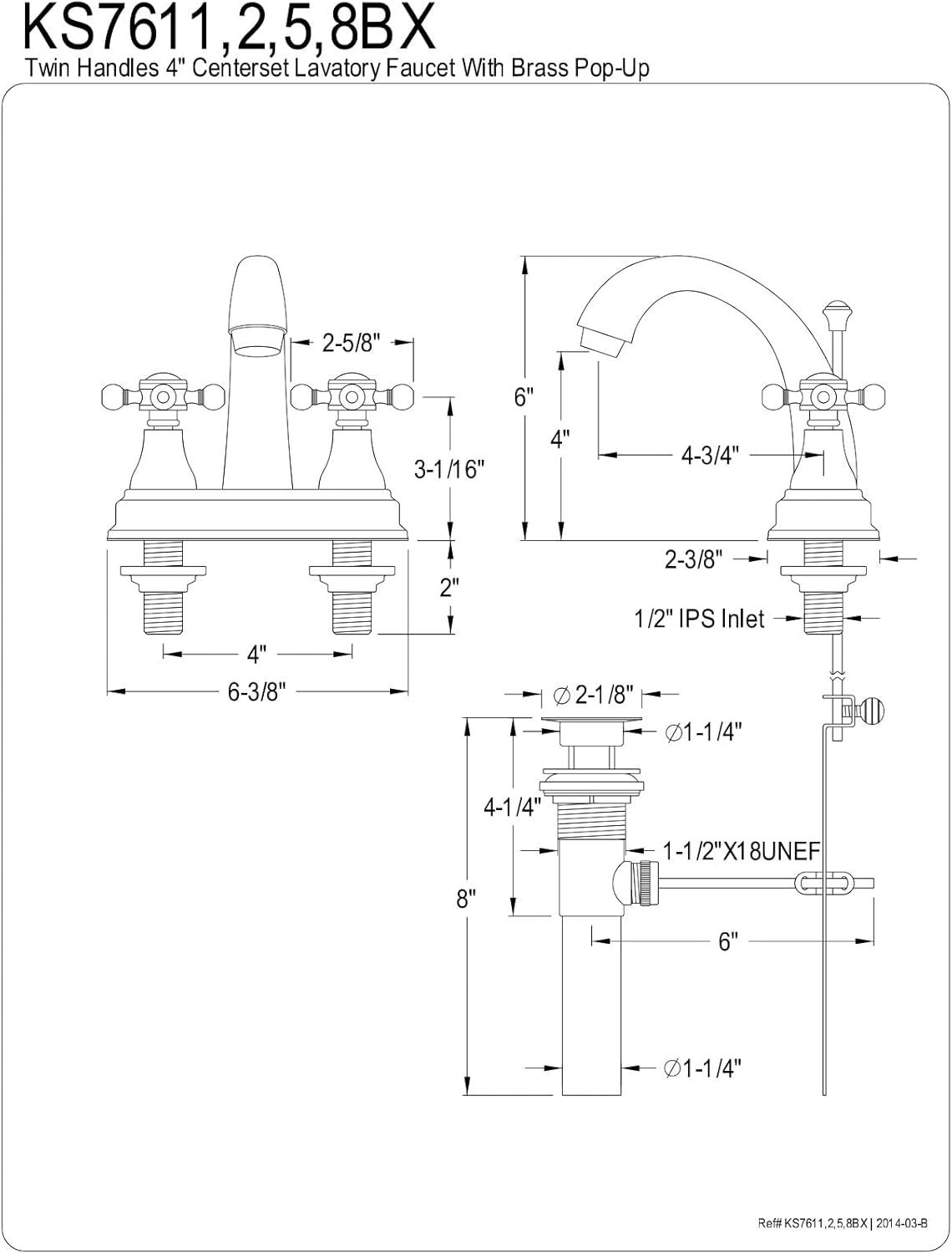 Kingston Brass KS7618BX – Grifo de lavabo vintage inglés con ventana emergente de latón, 4 pulgadas, níquel cepillado