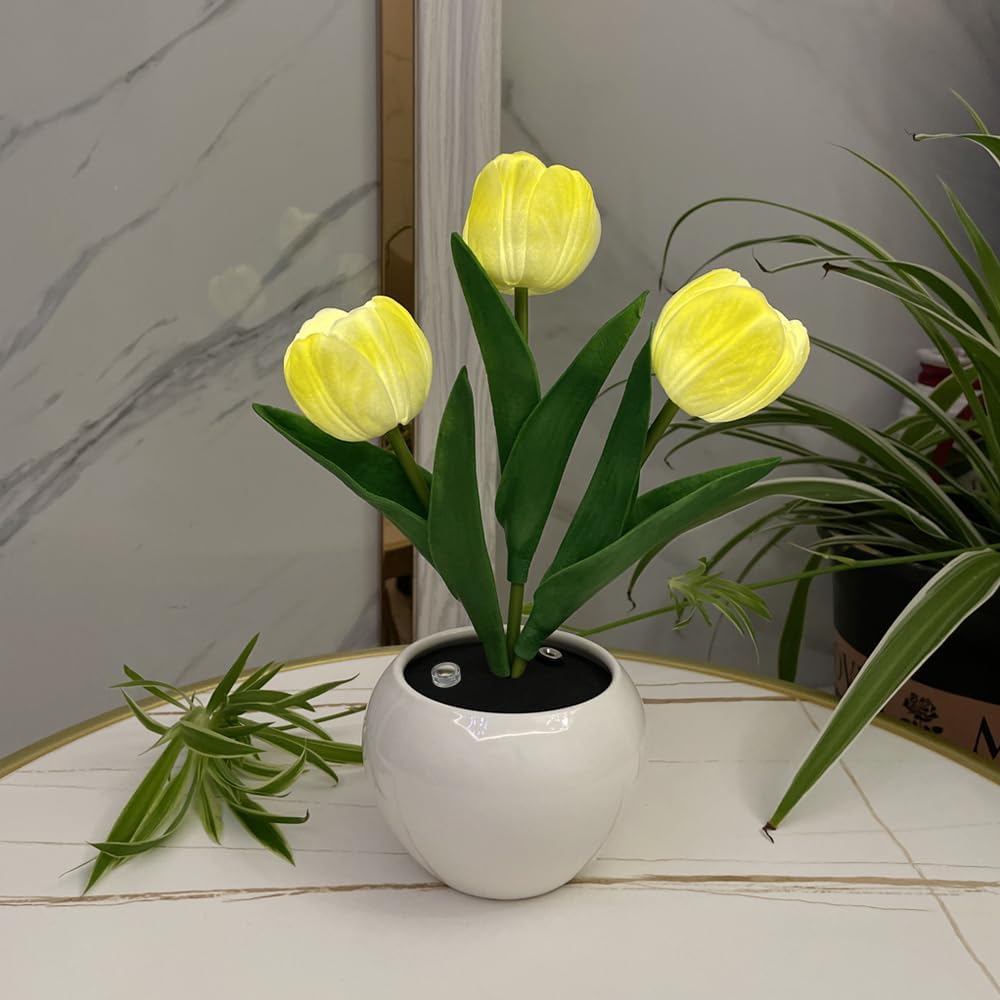 Lámpara de tulipán LED con flores artificiales, lámpara de mesa, luz nocturna, carga USB y atenuación para el hogar, sala de estar, dormitorio,