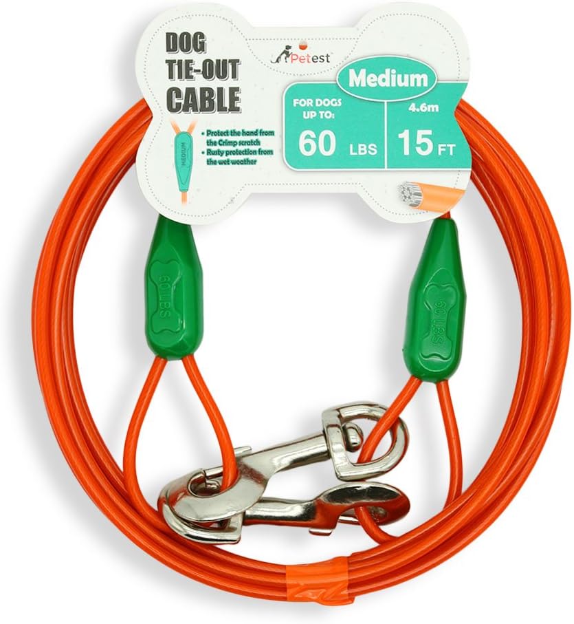 Petest Cable de amarre de 15 pies con cubierta de crimpado para perros medianos de hasta 60 libras
