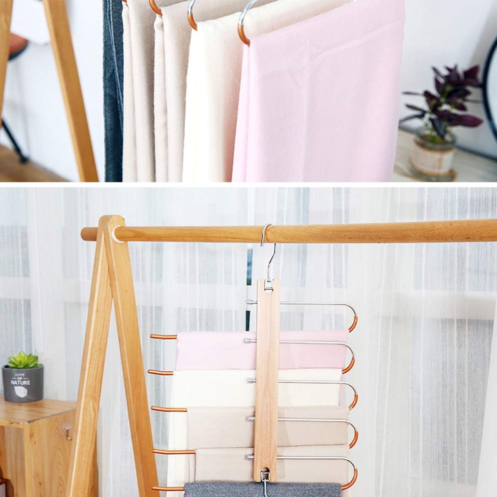 Perchas plegables para pantalones que ahorran espacio, perchero de acero inoxidable y madera, antideslizante de 5 capas para jeans para organizador