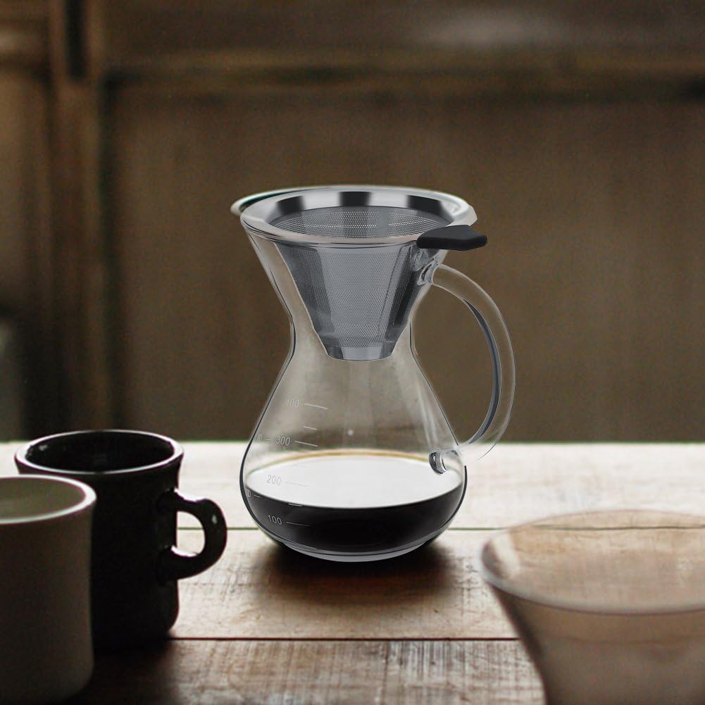 Glass Hand Drip Coffee Maker Pot with Stainless Steel Permanent Filter – 400ML with Scale