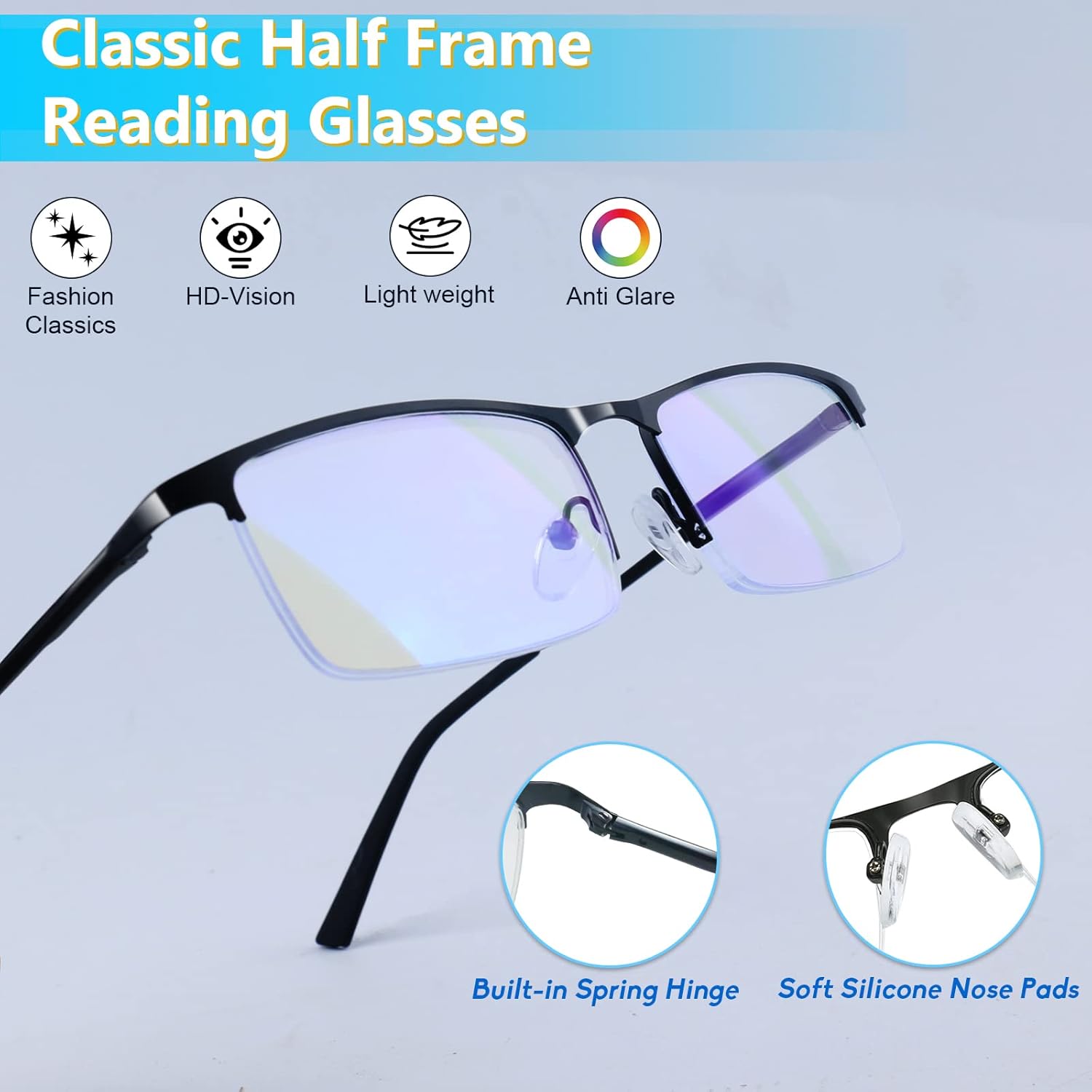 Blue Light Blocking Glasses, Lightweight Metal Half Frame Computer ReadingGamingTVPhones Glasses,Filter UV RayComputer Glare with Spring Hinge
