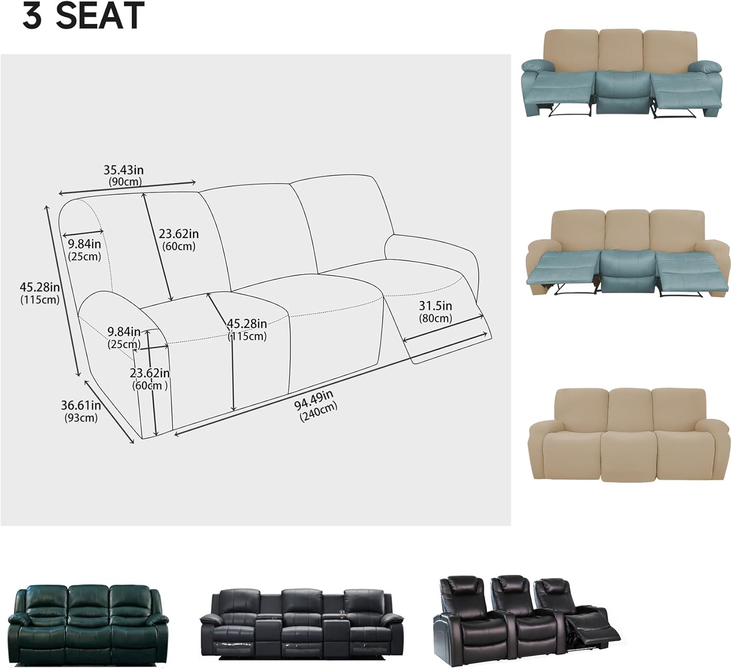 vctops Fundas elásticas para sofá reclinable, resistentes al agua, suaves, a cuadros, para sofá reclinable de 3 cojines, funda elástica