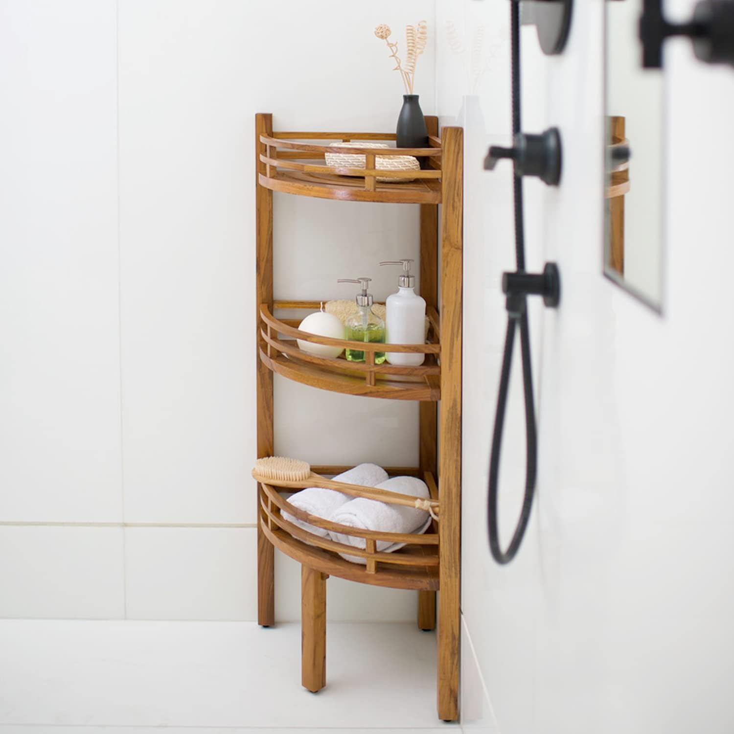 Cambridge Casual Estate de madera de teca independiente de 3 niveles, estante de baño esquinero, marrón natural