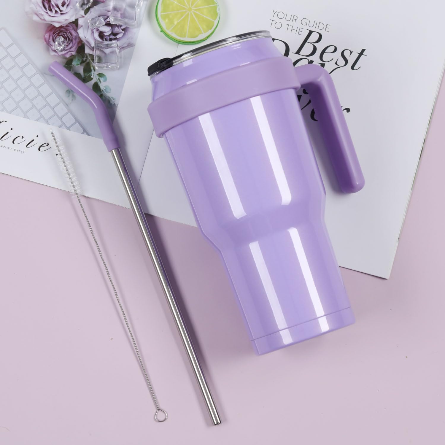 Vaso de 40 onzas con asa y pajilla, taza de acero inoxidable con doble aislamiento con asa, taza de café de viaje de 40 onzas con tapa a prueba de