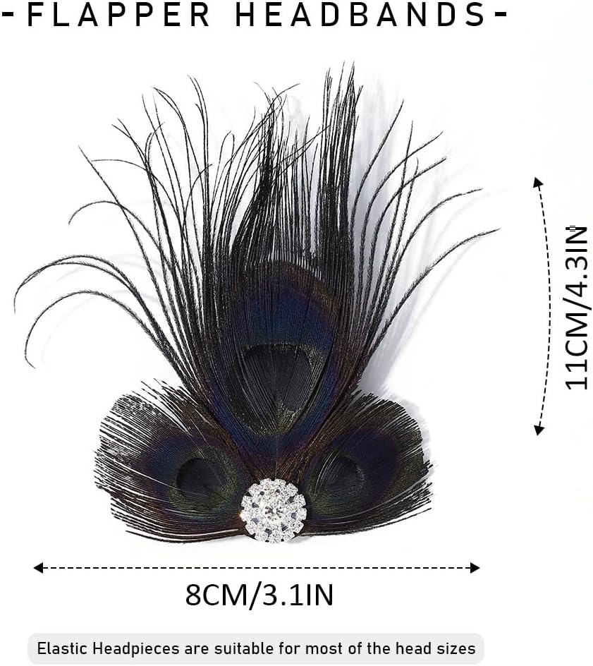 GORTIN Pinza para el pelo de plumas de los años 20, diadema de plumas de gran Gatsby, tocado de plumas de pavo real negro, diadema de Rhiestone,