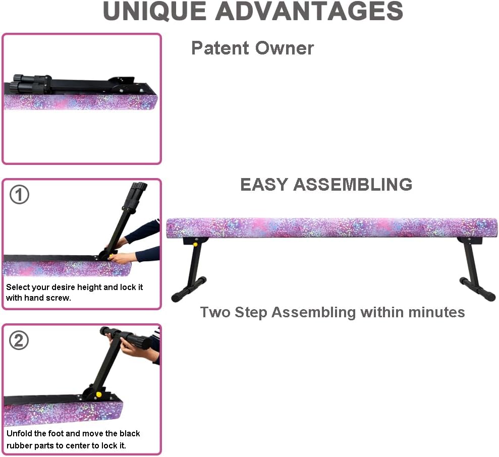 7.2ft Ultrasimple Adjustable&Foldable Balance Beam,High-Low Floor Beam Suede Gymnastics Equipment,No Tool Require, Gymnastics Beam for