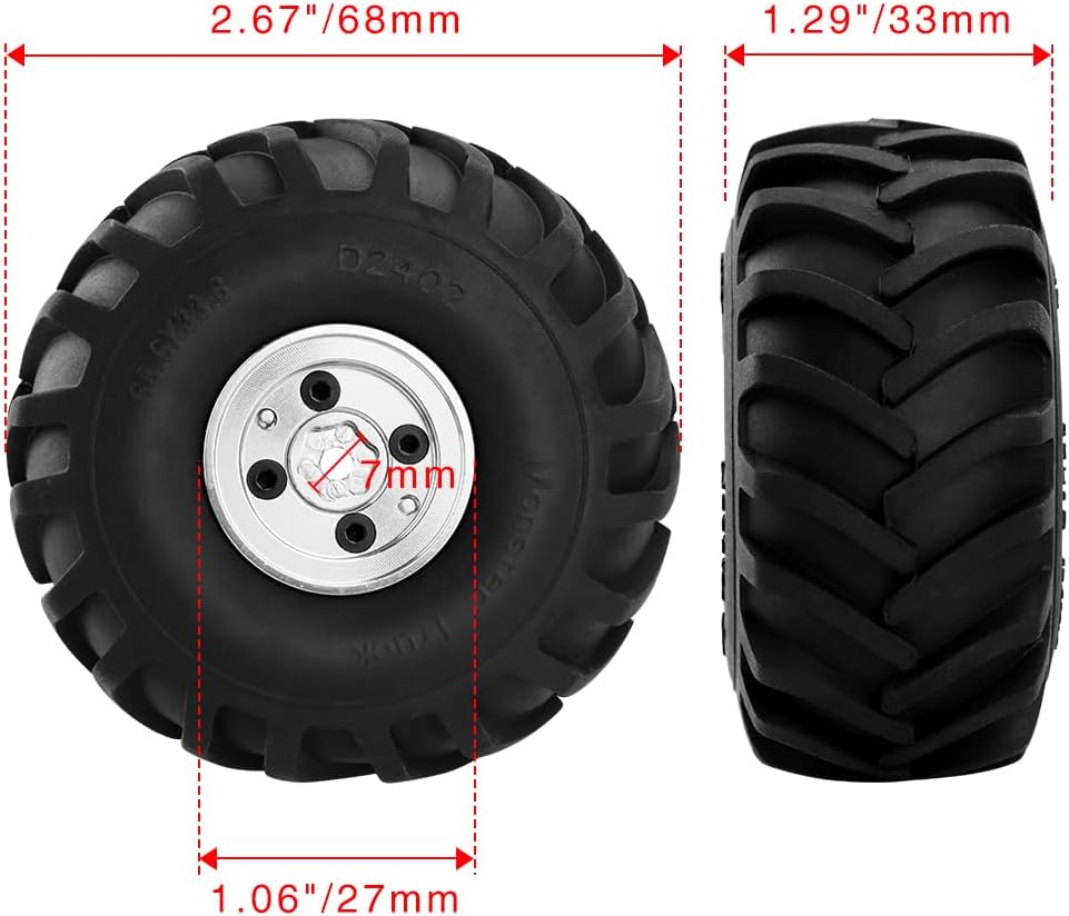 GLOBACT Neumáticos de aluminio Monster Truck RC de 2.677 x 1.299 in para 124 AXIAL SCX24 FMS FCX24 RC Crawler Accesorios de actualización de coche